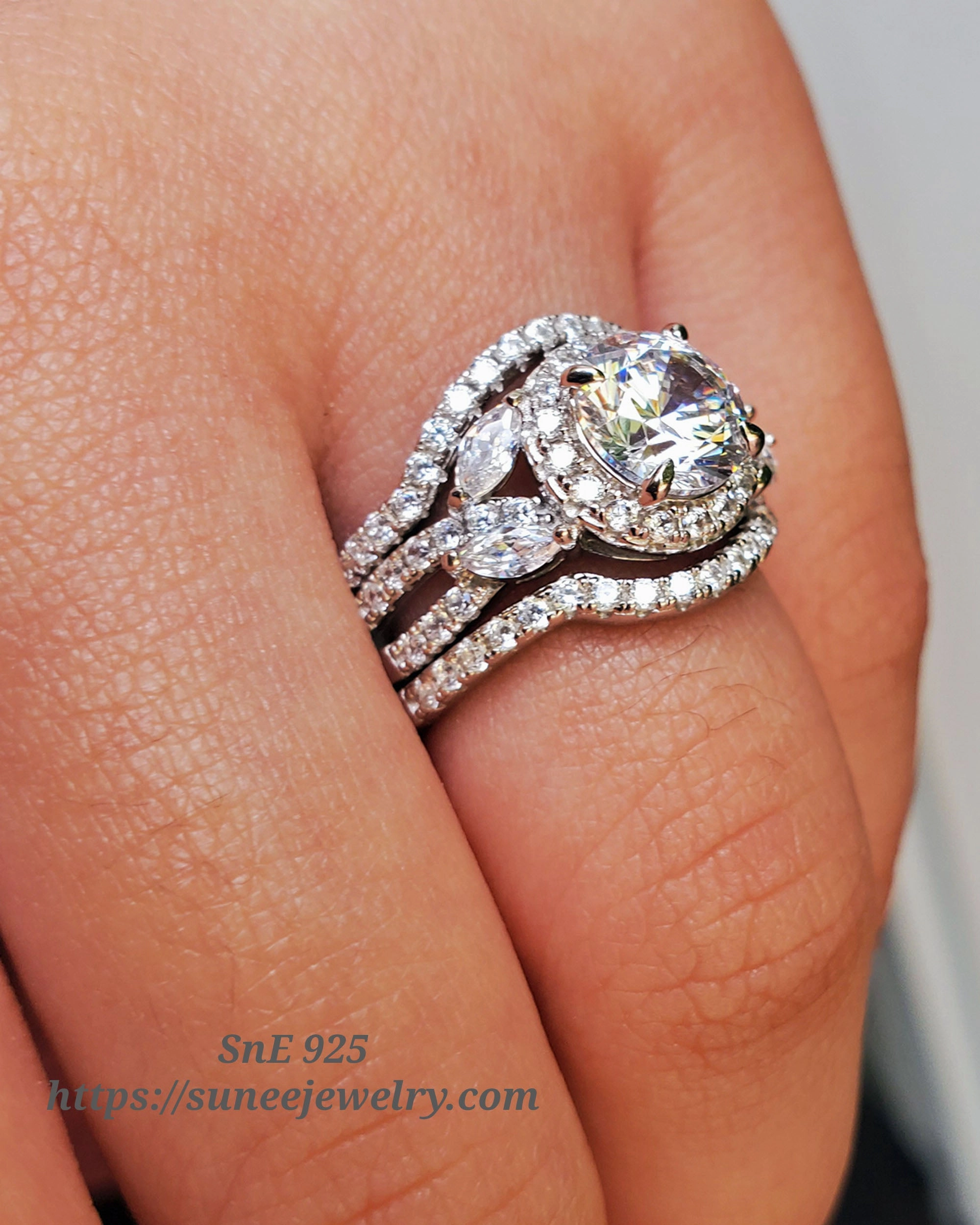 3.20ct Halo Round Cut 3pcs Wedding Set Engagement Ring Wedding Band Diamond Simulated 925 Sterling Silver Women's Bridal Set Eternity Ring SKU:00140 Quality Assurance Sparkling look