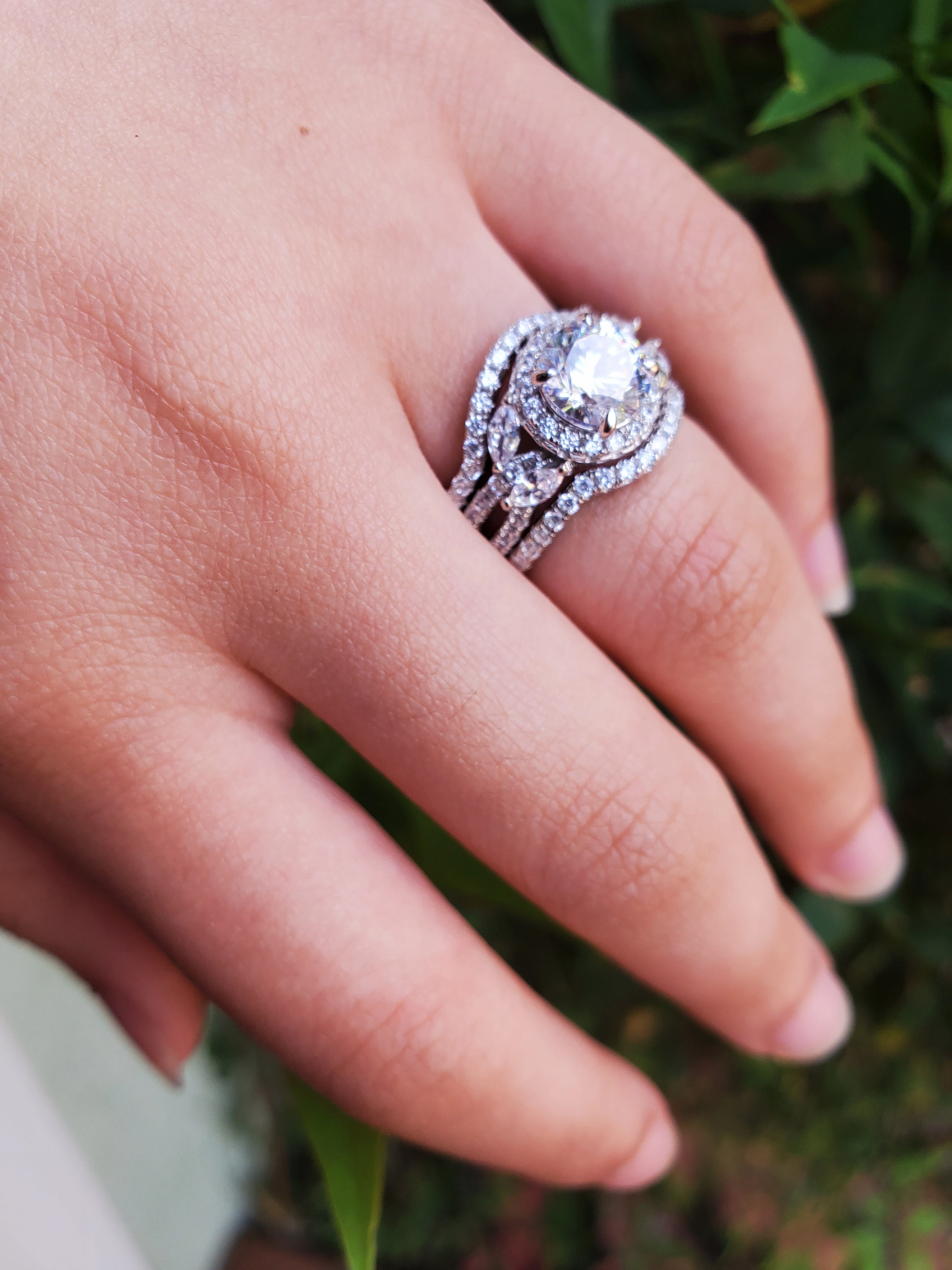 Real Item Meaningful Decoration 3.20ct Halo Round Cut 3pcs Wedding Set Engagement Ring Wedding Band Diamond Simulated 925 Sterling Silver Women's Bridal Set Eternity Ring SKU:00140