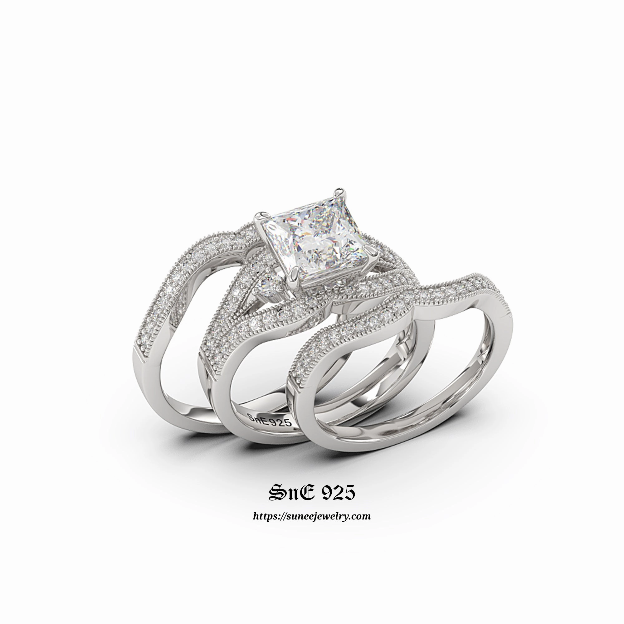 3.4ct Princess Cut 3pcs Bridal Wedding Engagement Ring Diamond Simulated Sterling Silver Anniversary Rings SKU:00139 Timeless Harmony Lightweight accessory