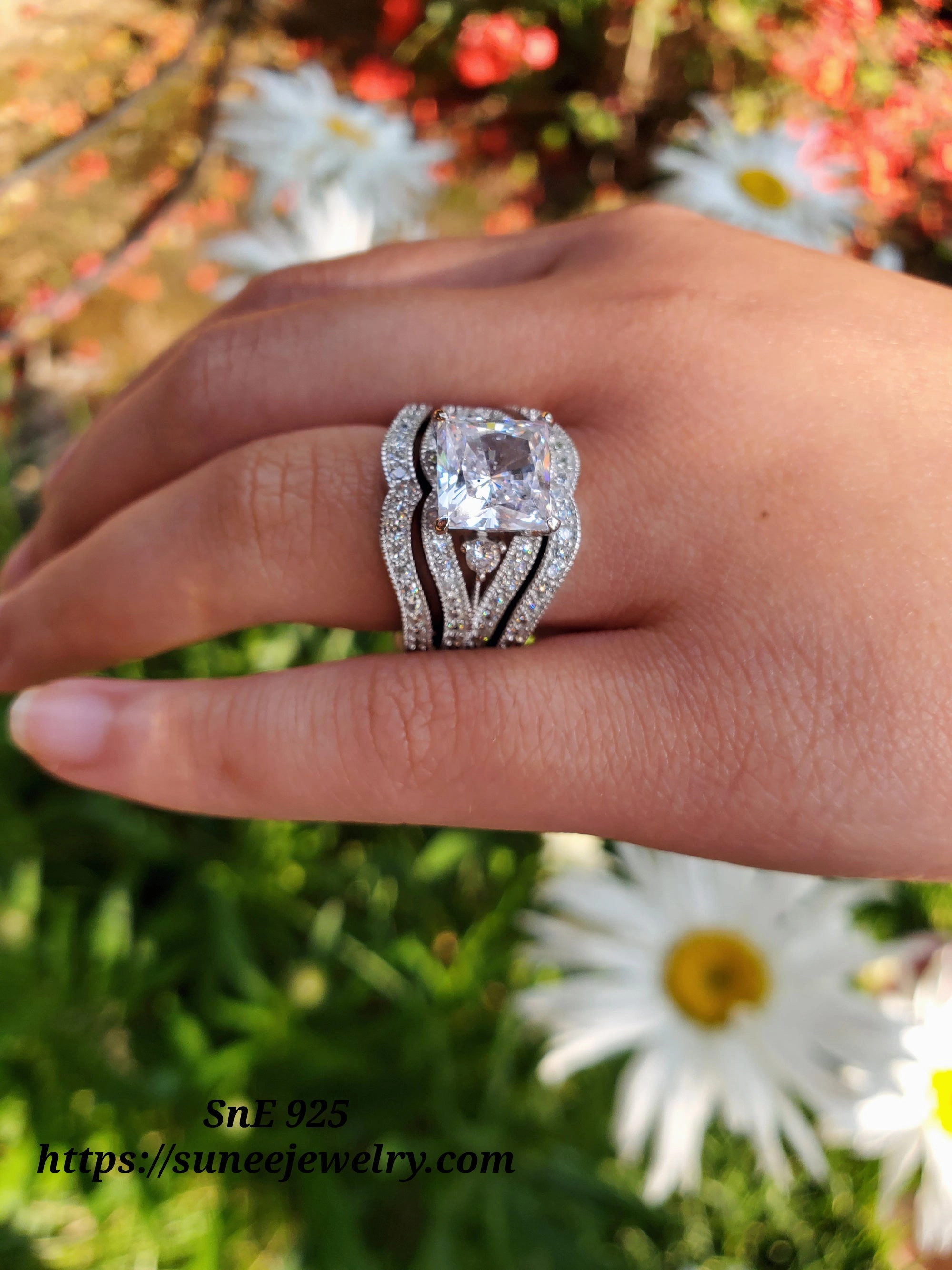 3.4ct Princess Cut 3pcs Bridal Wedding Engagement Ring Diamond Simulated Sterling Silver Anniversary Rings SKU:00139 Artisan Gift