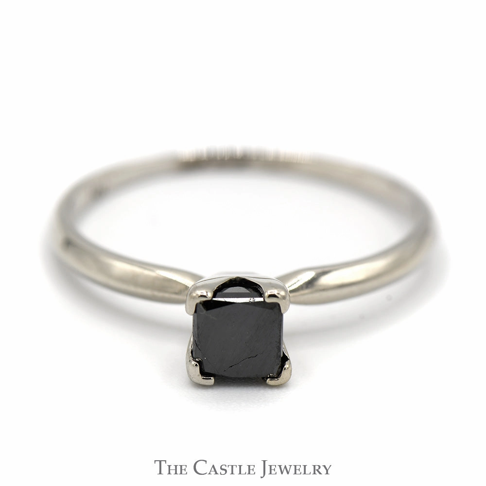 Handcrafted Statement 3/4ct Princess Cut Black Diamond Engagement Ring in 14k White Gold Tiffany Mounting