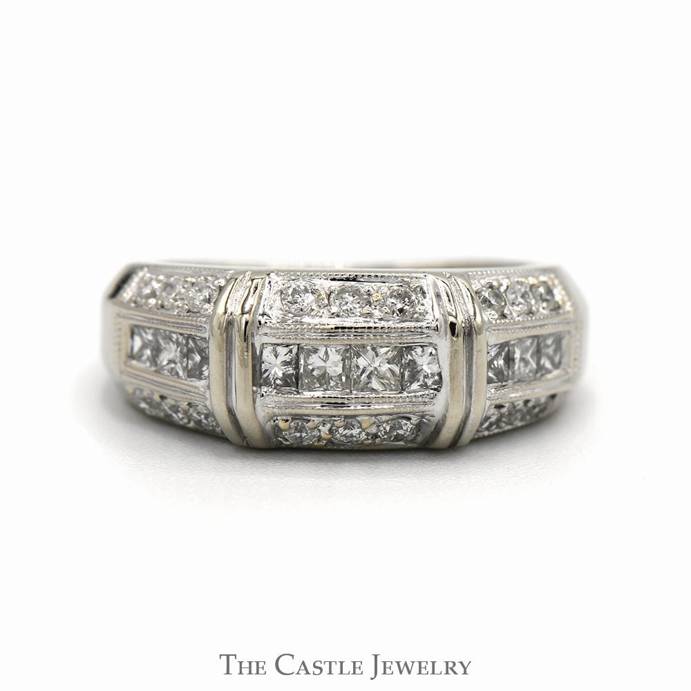 Strong Construction Lustrous Accent 3/4cttw Channel Set Princess Cut Diamond Band with Round Diamond Edges in 14k White Gold