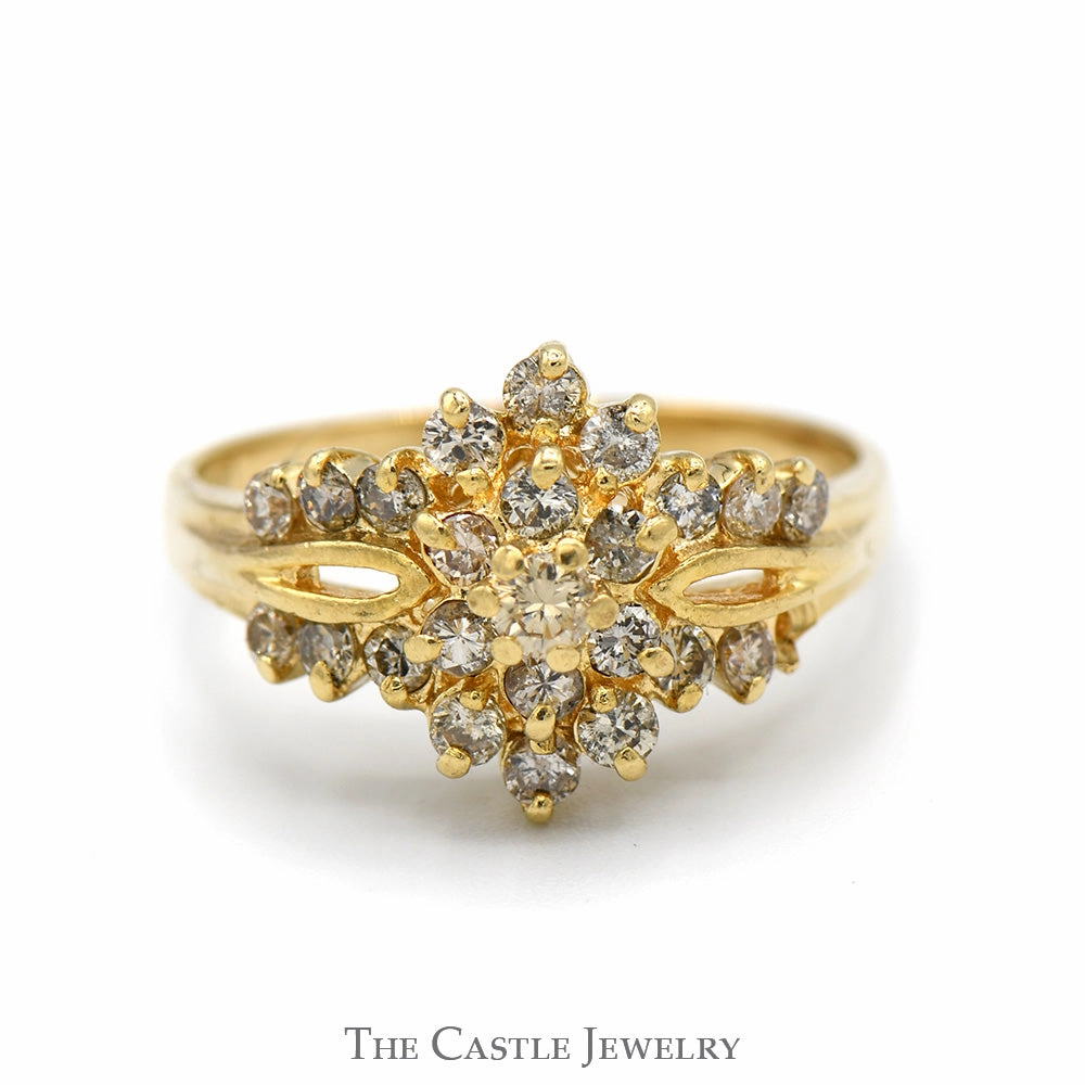 3/4cttw Flower Shaped Diamond Cluster Ring with Split Shank Sides in 14k Yellow Gold Refined Flow Secure Art