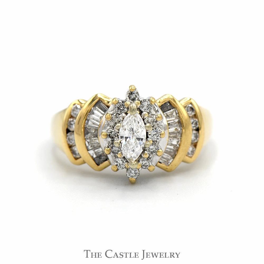 Anniversary Celebration 3/4cttw Marquise Cut Diamond Solitaire with Round & Baguette Accents in 14k Yellow Gold