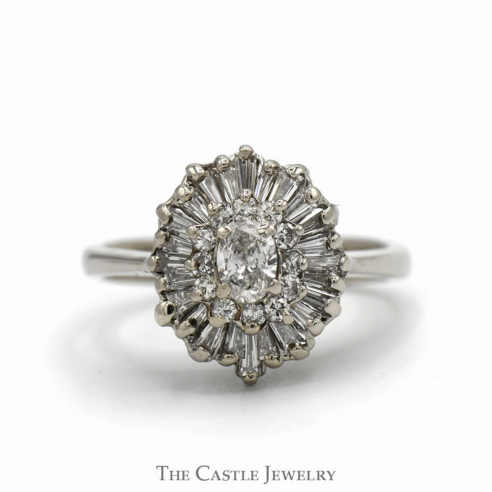 3/4cttw Oval Cut Diamond Ring with Round & Baguette Diamond Halos in 14k White Gold Fantastic Gift Designer Accessory