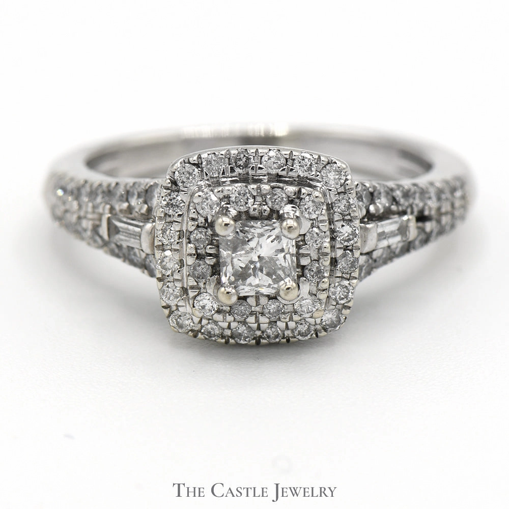 Strong Expression 3/4cttw Princess Cut Diamond Engagement Ring with Double Diamond Halo and Accents in 14k White Gold