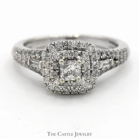 Strong Expression 3/4cttw Princess Cut Diamond Engagement Ring with Double Diamond Halo and Accents in 14k White Gold