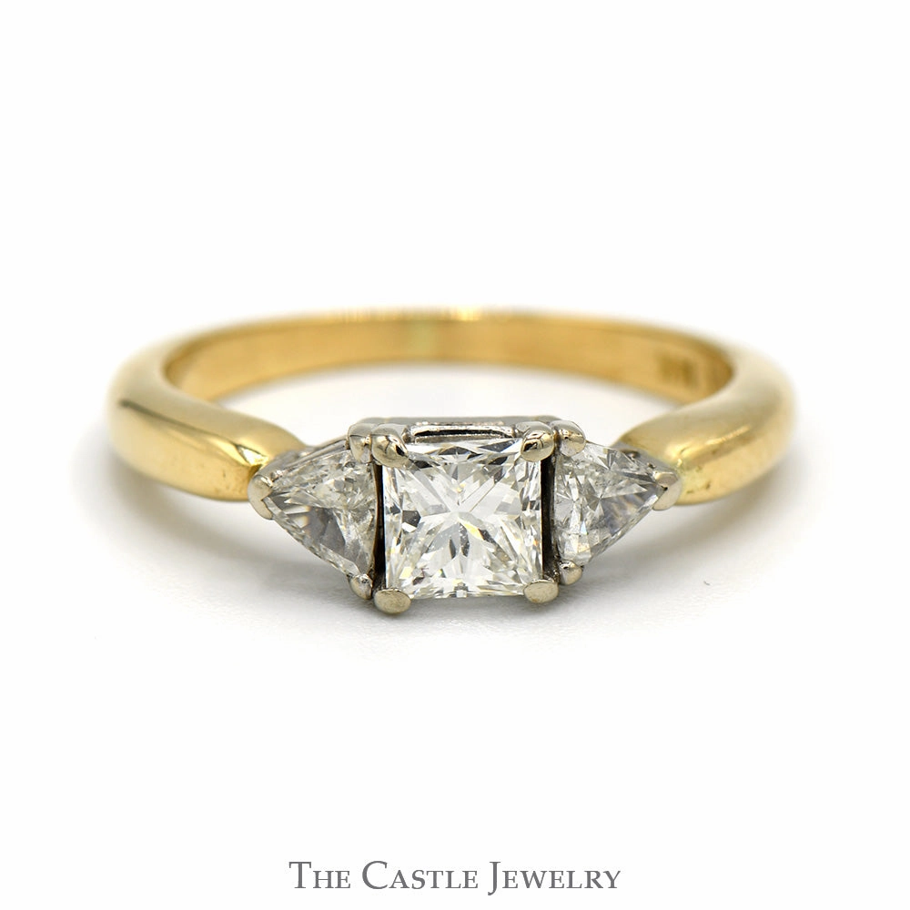 Protective Coating Assembly Required 3/4cttw Princess Cut Diamond Engagement Ring with Trillion Cut Diamond Accents in 14k Yellow Gold