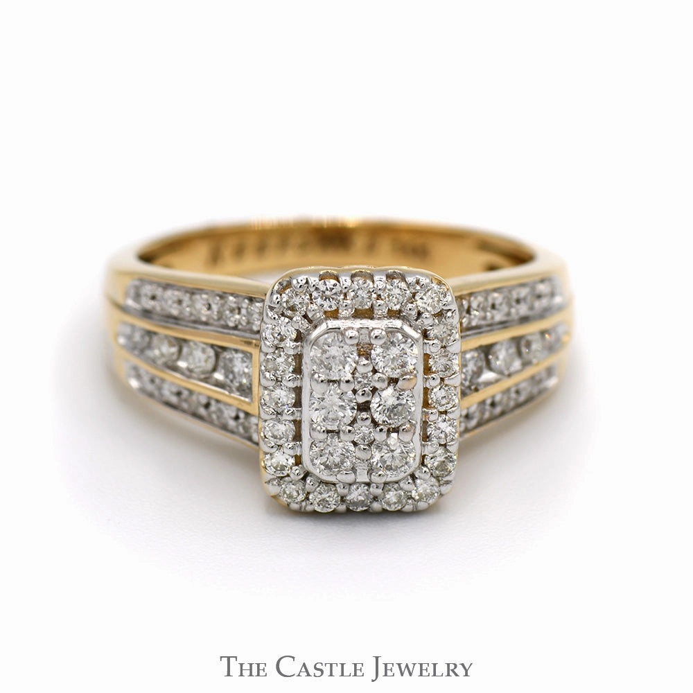 3/4cttw Rectangular Diamond Cluster Ring with Diamond Accented Sides in 14k Yellow Gold Modern Design Boyfriend Gift