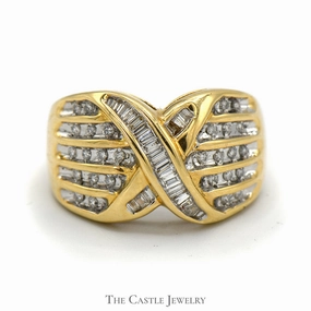 Delicate Art Versatile Fit 3/4cttw Round and Baguette Diamond Crossover Cluster Ring in 14k Yellow Gold