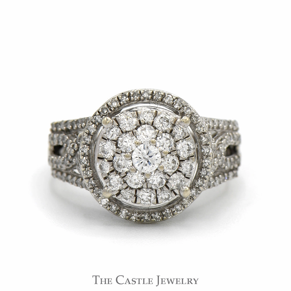 3/4cttw Round Diamond Cluster Engagement Ring with Diamond Halo and Diamond Accented Open Sides in 14k White Gold Intricate Detail