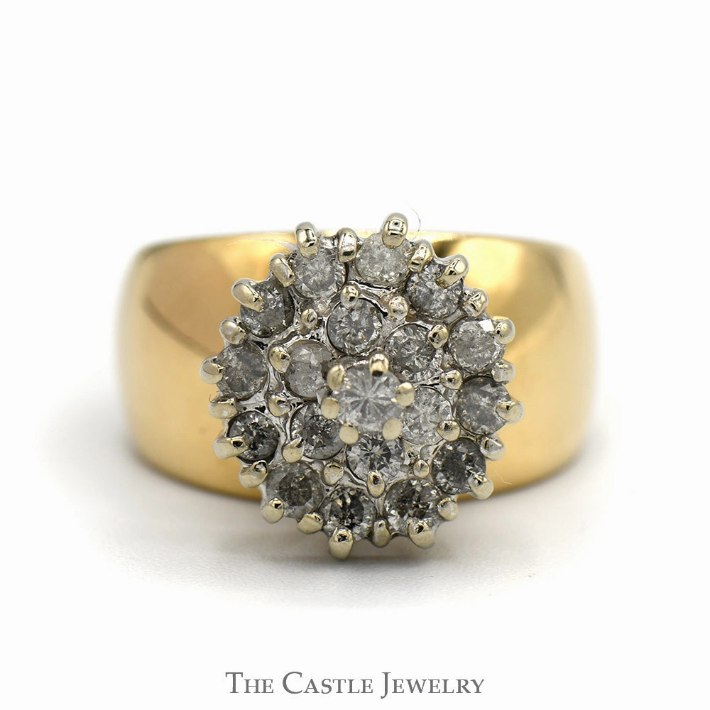 3/4cttw Round Diamond Cluster Ring with Wide Polished Sides in 10k Yellow Gold Wonderful Ornament