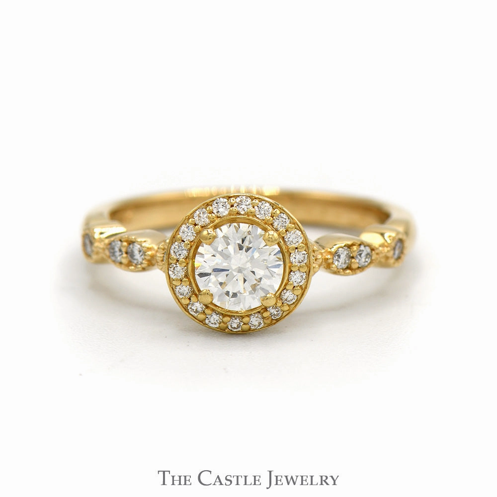 3/4cttw Round Diamond Solitaire Engagement Ring with Diamond Halo and Accented Sides in 14k Yellow Gold Organic form Timeless Gift