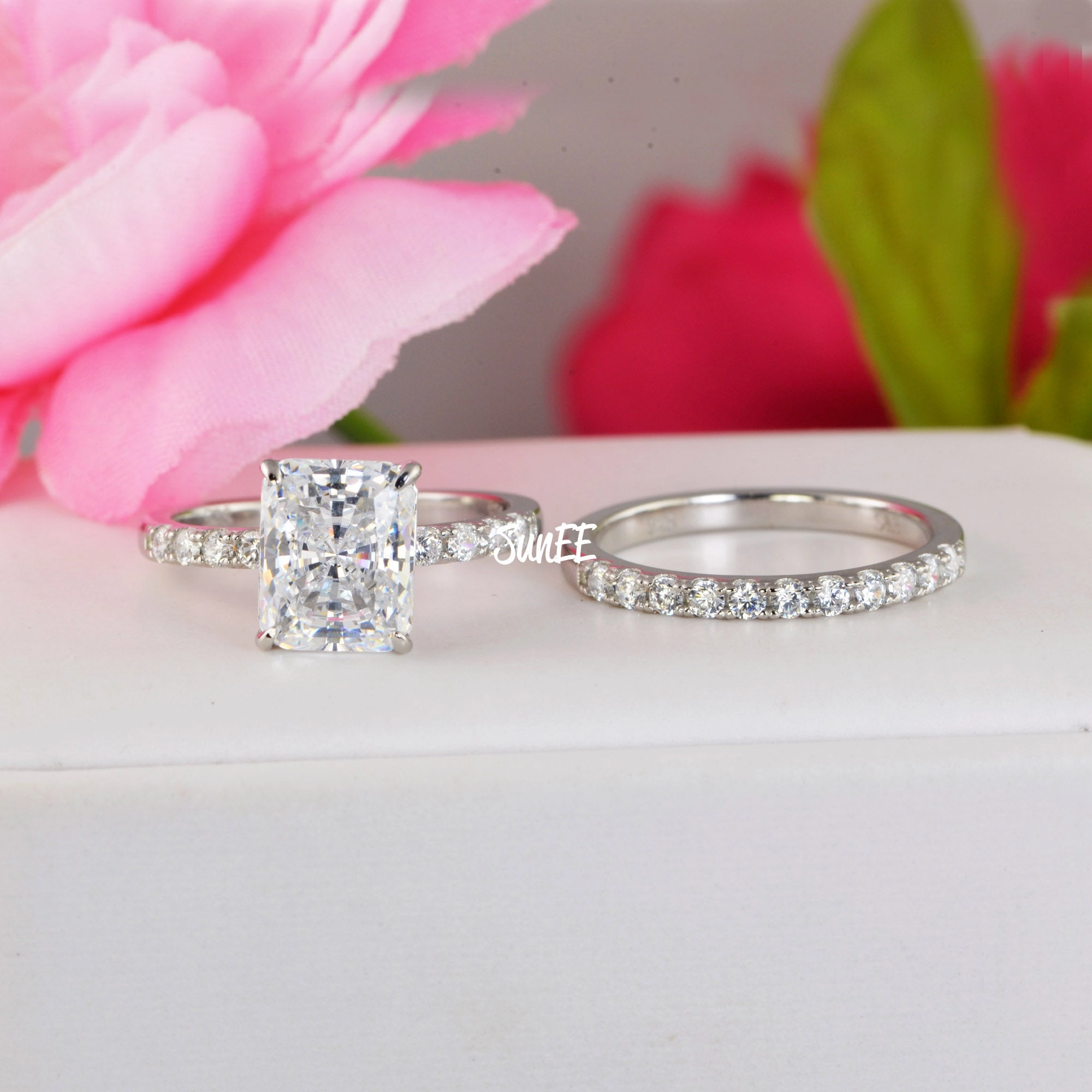 3.88ct Radiant Cut with Half Eternity Band Bridal Wedding Engagement Ring Diamond Simulated 925 Sterling Silver Anniversary Rings SKU:00252 Low-Cost Work