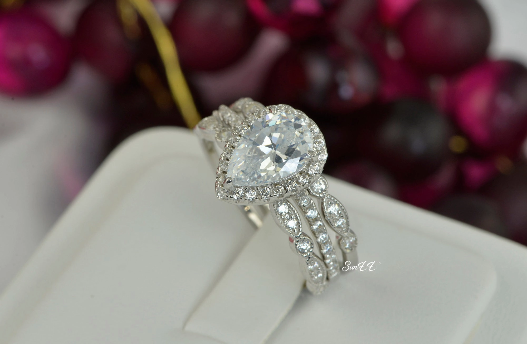 Glam Statement Neutral design 3.8ct Halo Pear Cut Bridal Wedding Engagement Ring Diamond Simulated 925 Sterling Silver Anniversary Rings SKU:00157