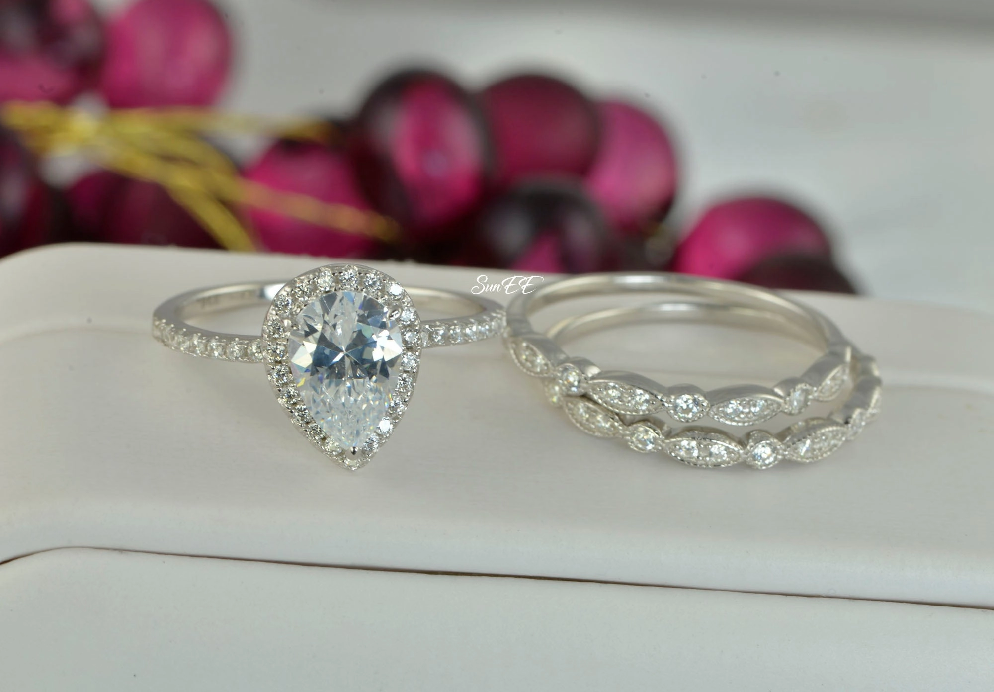 3.8ct Halo Pear Cut Bridal Wedding Engagement Ring Diamond Simulated 925 Sterling Silver Anniversary Rings SKU:00157 Delicate Object