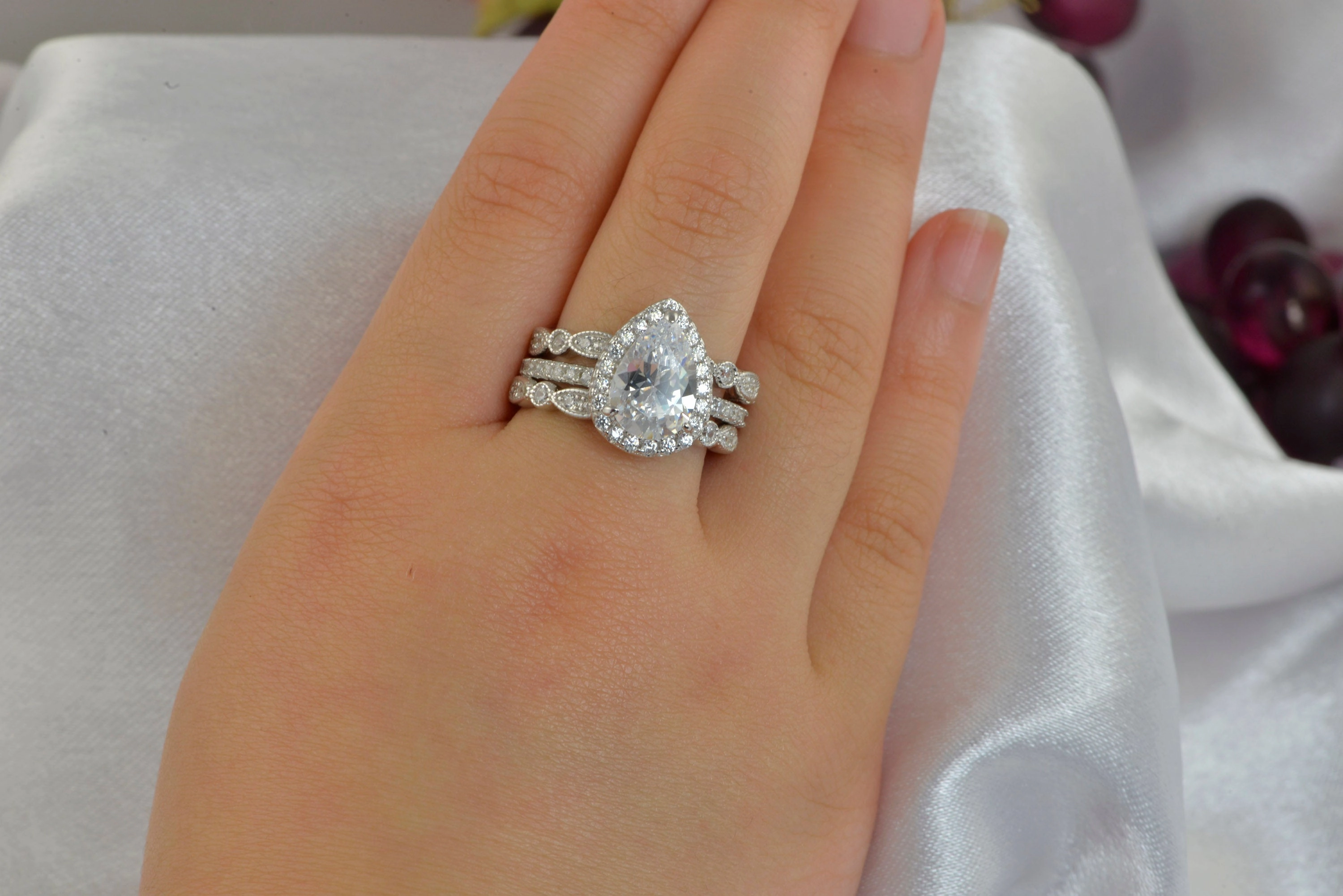 Display Model Brilliant Style 3.8ct Halo Pear Cut Bridal Wedding Engagement Ring Diamond Simulated 925 Sterling Silver Anniversary Rings SKU:00157