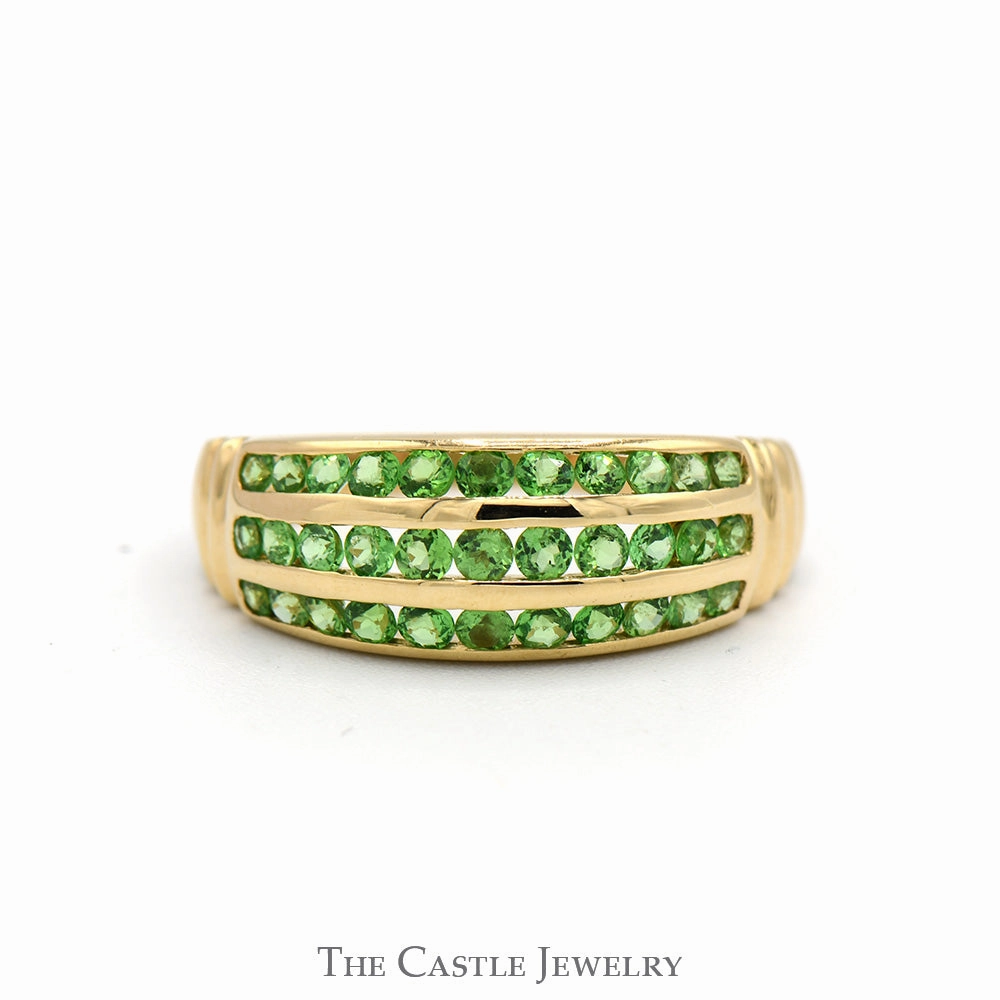 Hypoallergenic Piece Graceful Texture 3 Row Channel Set Green Spinel Dome Ring in 14k Yellow Gold