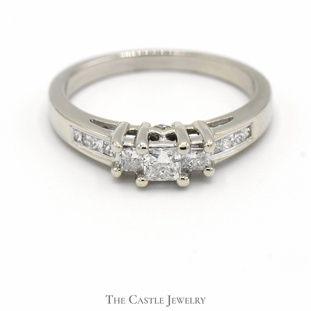 3 Stone Princess Cut Diamond Engagement Ring with Channel Set Diamond Accents in 14k White Gold Durable piece Elegant Movement