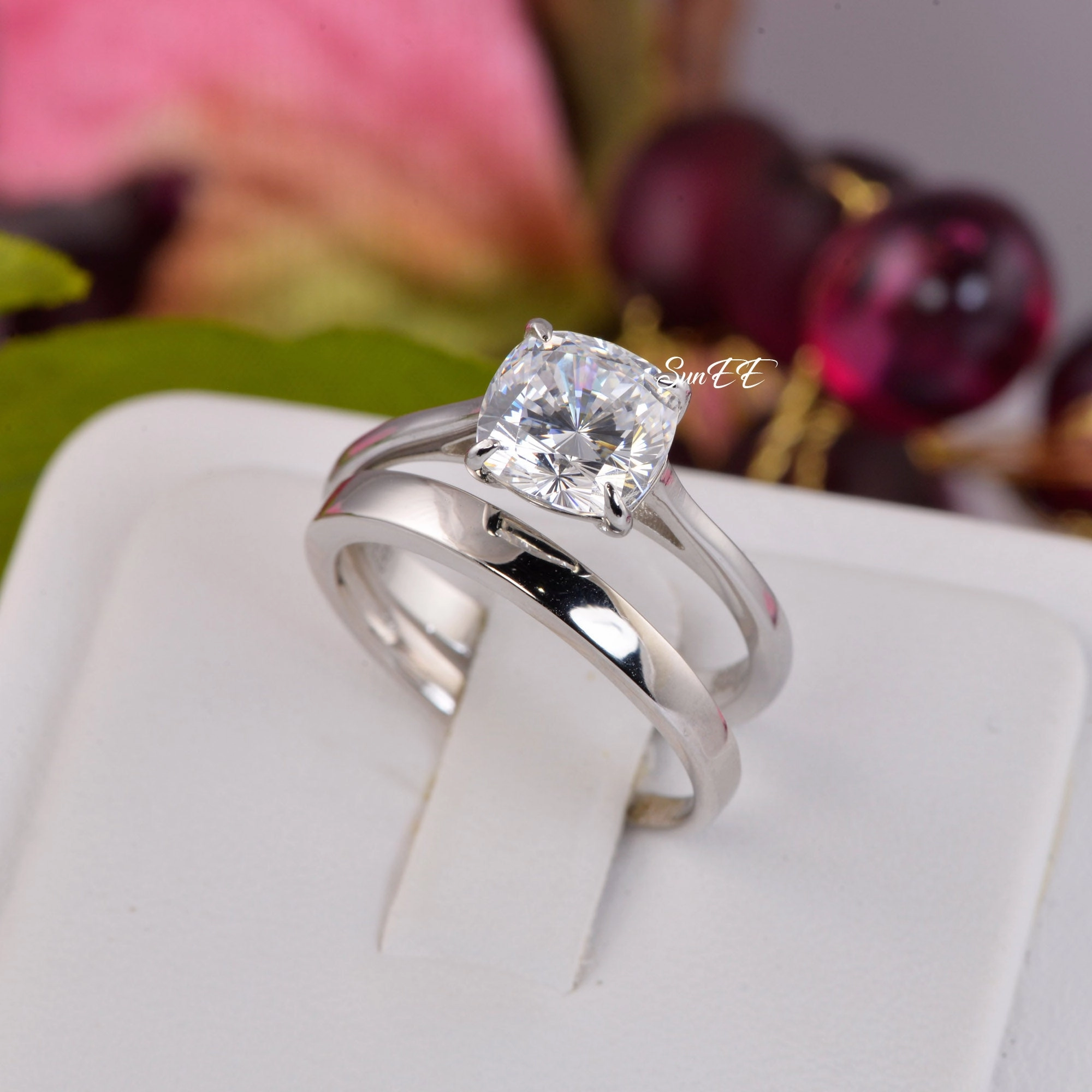 Elegant Flow 3ct Cushion Cut with Band Bridal Wedding Engagement Ring Diamond Simulated 925 Sterling Silver Anniversary Ring SKU:00214