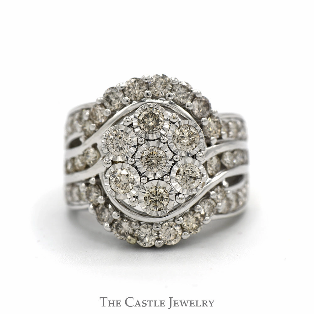 3cttw Illusion Set Diamond Cluster Engagement Ring with Channel Set Accents in 10k White Gold Minimal Accent