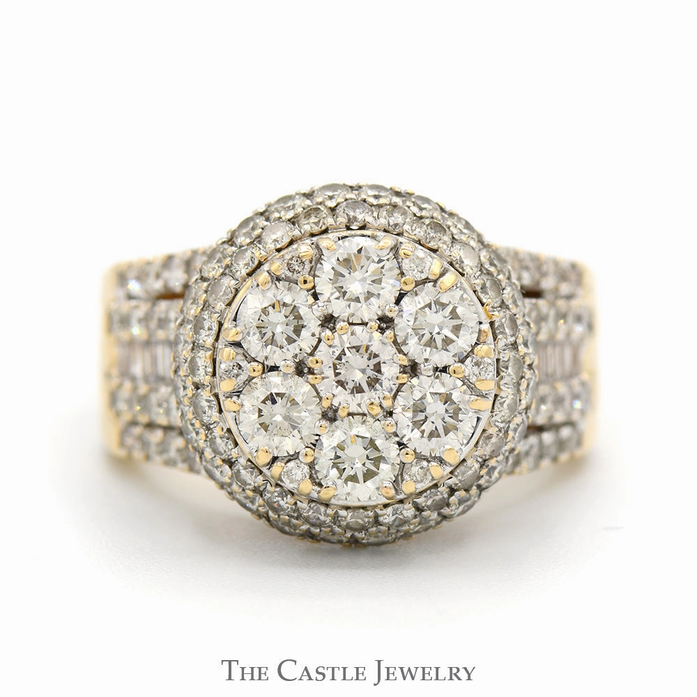 3cttw Round Diamond Cluster Ring with Double Diamond Halo & Multi Row Diamond Sides in 14k Yellow Gold Eye Catching