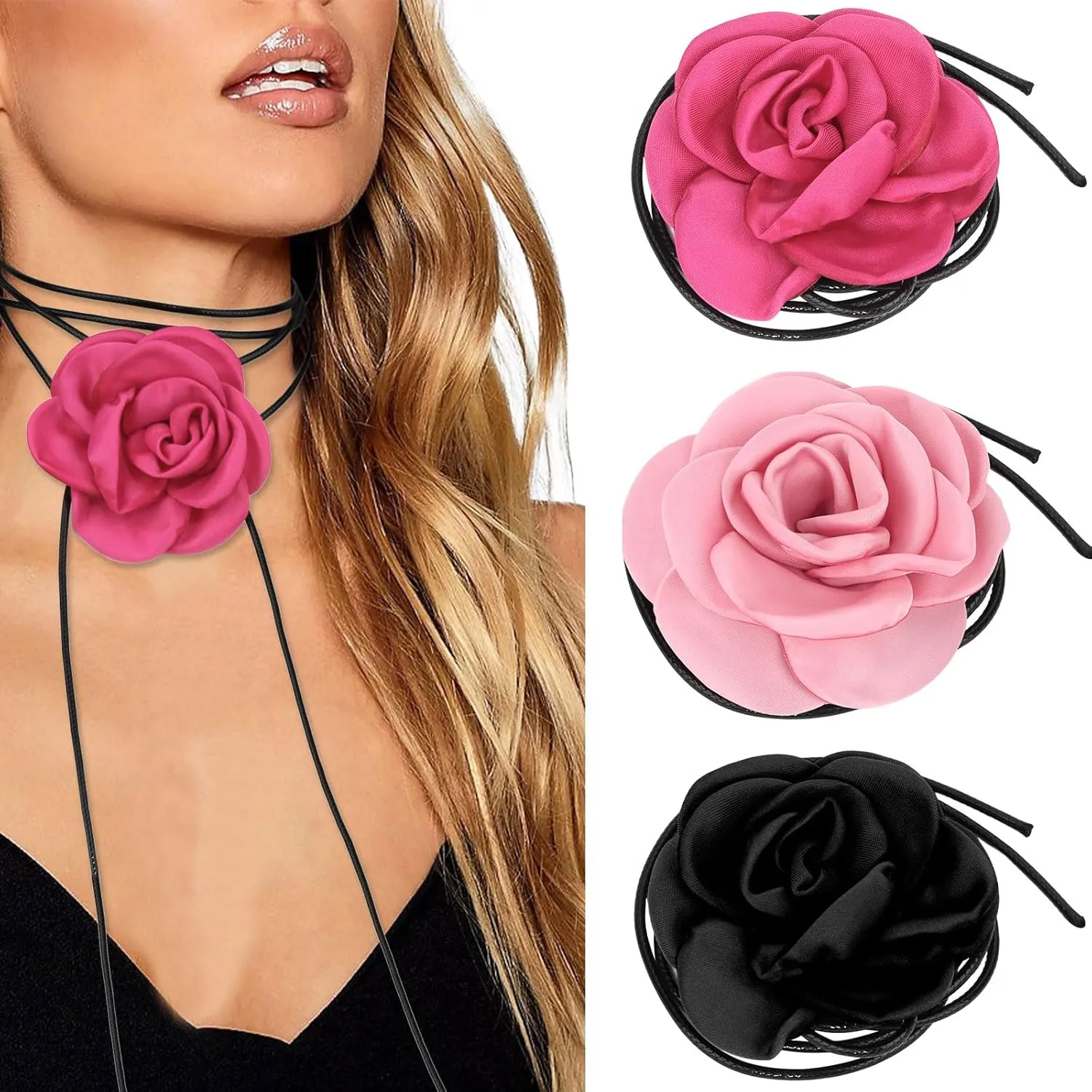 3Pc Flower Choker Necklace for Women Girls Rose Choker Flower Collar Necklace for Coquette Wedding Party
