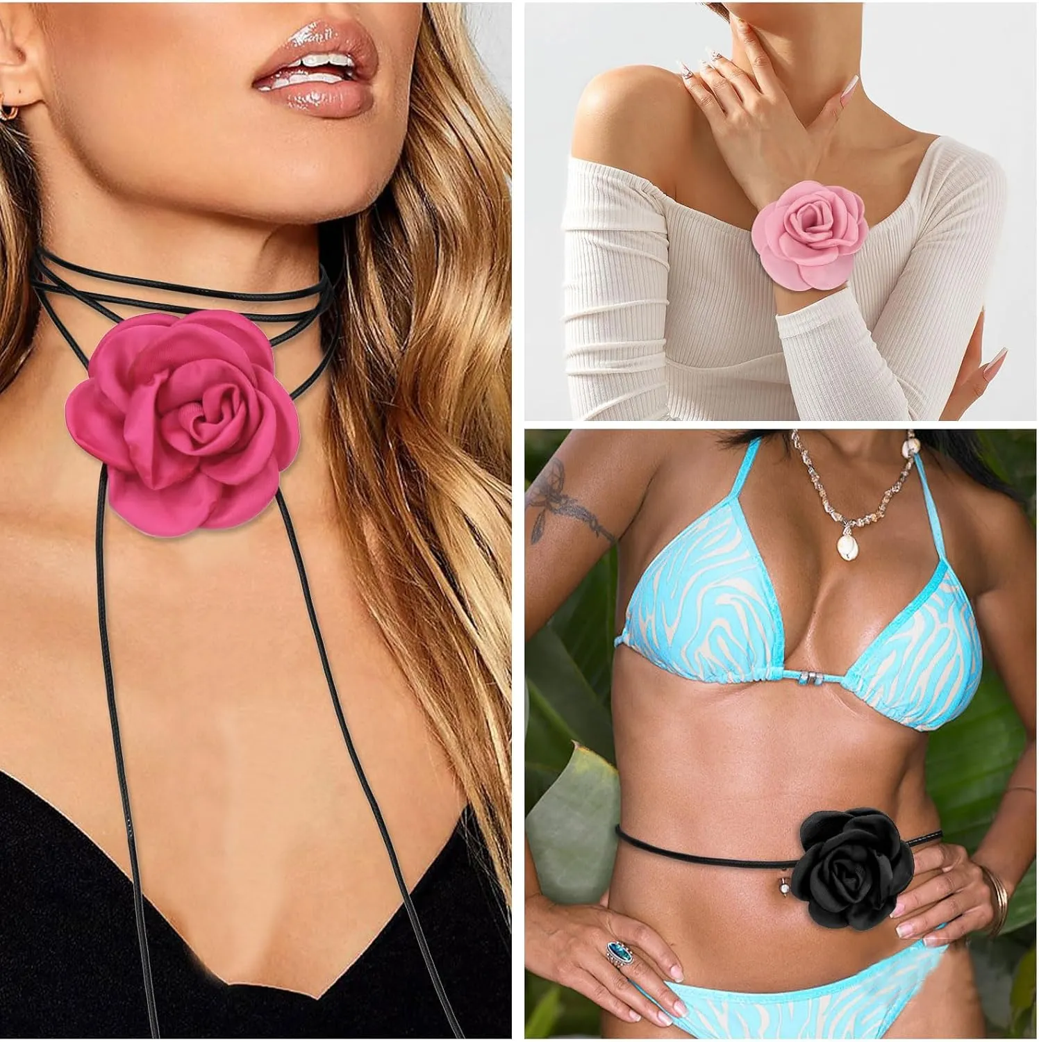 3Pc Flower Choker Necklace for Women Girls Rose Choker Flower Collar Necklace for Coquette Wedding Party
