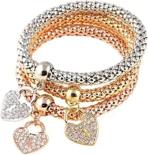 3Pcs Women's Fashion Rhinestones Love Heart Pendant Elastic Bracelets Bangles Comfortable and Environmentally