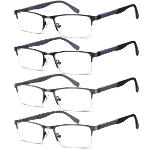 4 Pack Blue Light Blocking Reading Glasses for Men, Half Frame Metal Reader for Men Lightweight Eyeglasses with Spring Hinge 4 Pack (2 Black   2 Gray) 2.0 x