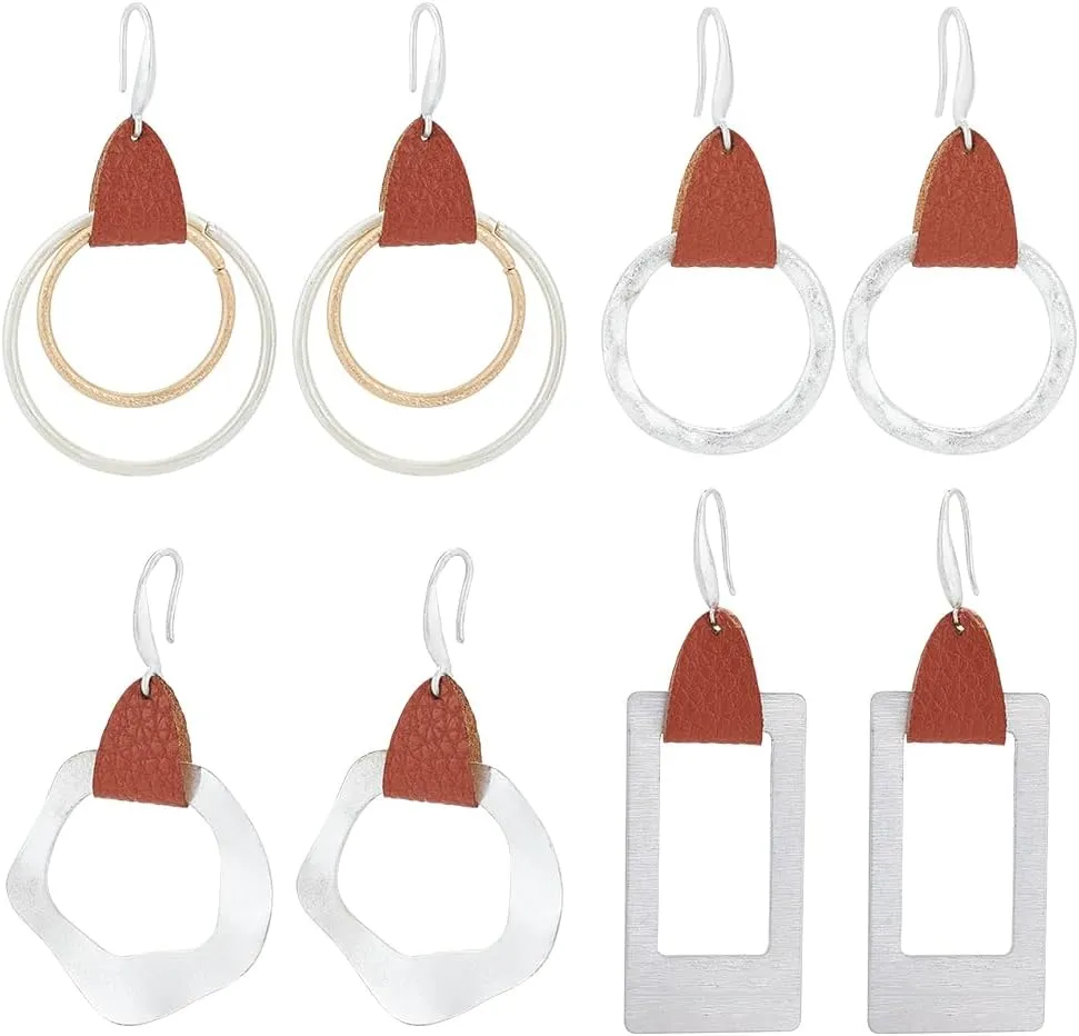 4 Pairs Geometric Drop Dangle Earrings Boho Hook Earrings Rectangle Round Circle Hoop Geometric Earrings Irregular Sand Silver Metal Geometric Statement Earrings for Women