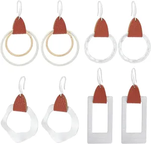 4 Pairs Geometric Drop Dangle Earrings Boho Hook Earrings Rectangle Round Circle Hoop Geometric Earrings Irregular Sand Silver Metal Geometric Statement Earrings for Women