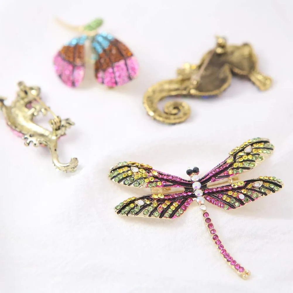 4 Pieces Fashion Colorful Enamel Brooch Pins Animals Brooch Pins Crystal Rhinestone Butterfly Seahorse Dragonfly Lizard Brooch Pins for for Women Ladies Jewelry