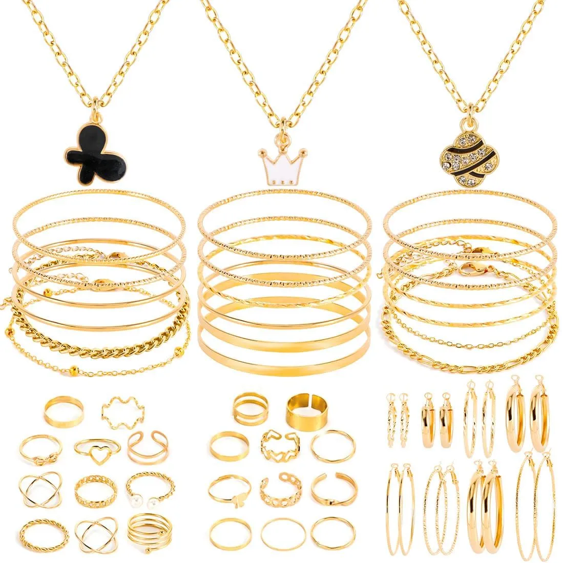 44-65pcs Golden Silver Plated Jewelry Sets Necklaces,Bracelets Bangles,Earring,Rings for Women Valentine Anniversary Birthday Friendship