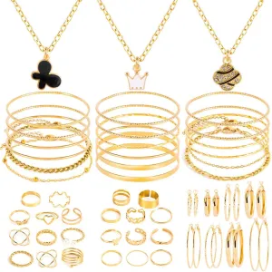 44-65pcs Golden Silver Plated Jewelry Sets Necklaces,Bracelets Bangles,Earring,Rings for Women Valentine Anniversary Birthday Friendship
