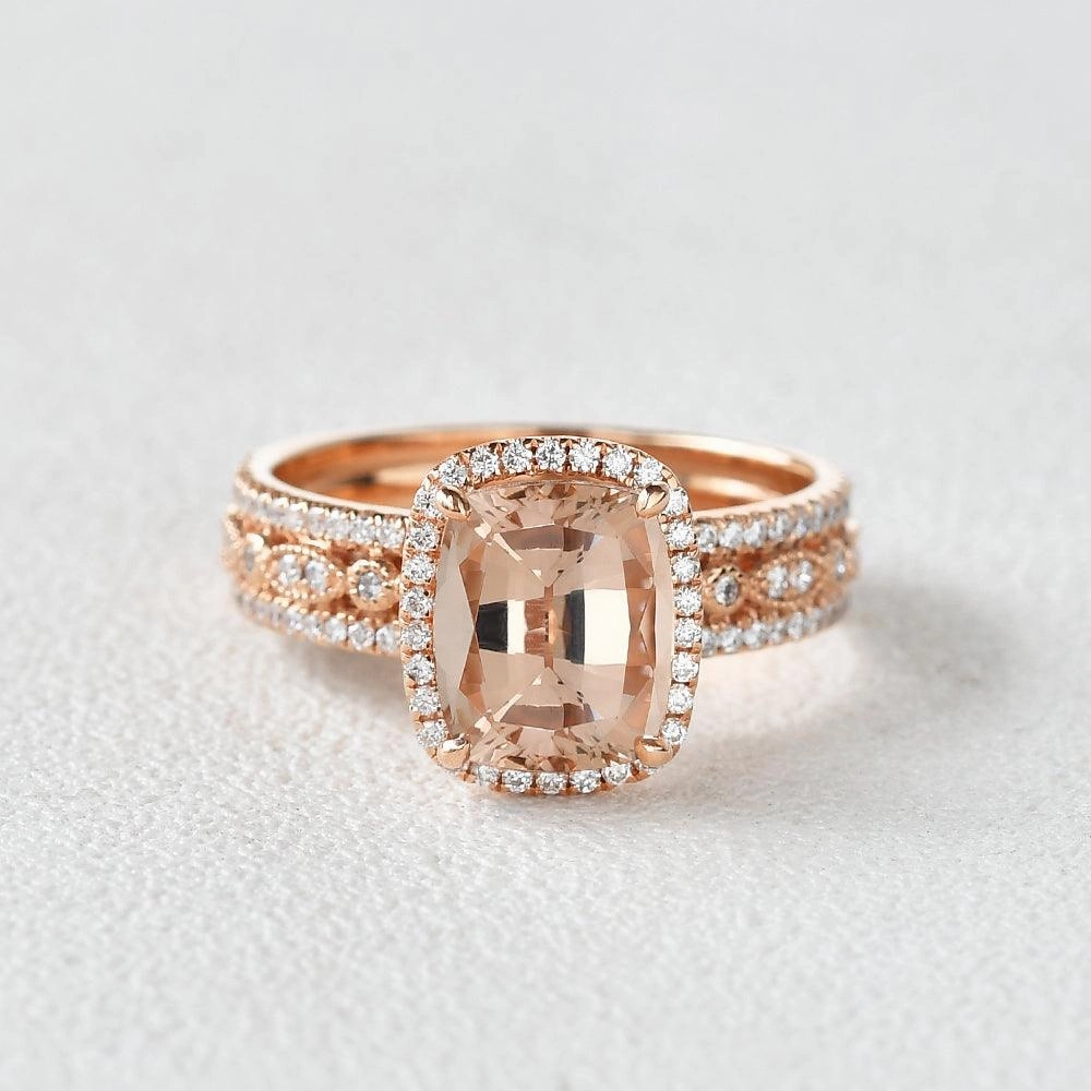 4.0ct Cushion Cut Morganite Vintage Inspired Rose Gold Ring Enchanted Edge Weekend Vibe