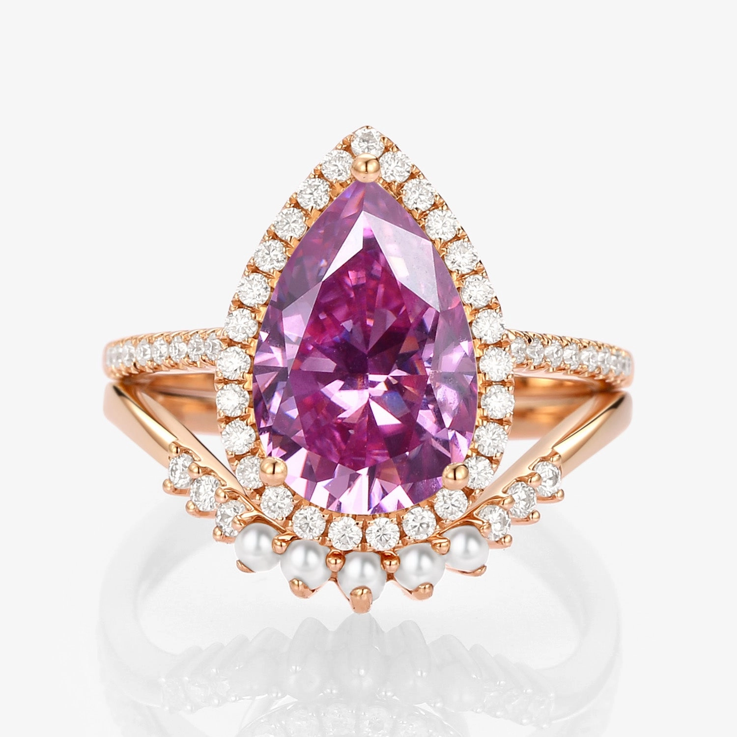 Soft Spark 4.0ct Pear Moissanite & Pearl Classic Halo Ring Set 2pcs - Verena