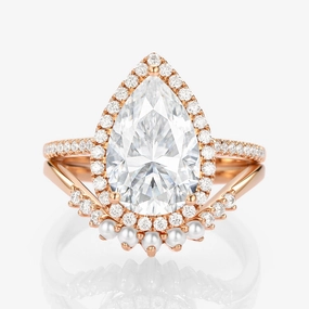 4.0ct Pear Moissanite & Pearl Classic Halo Ring Set 2pcs - Verena Fashion highlight