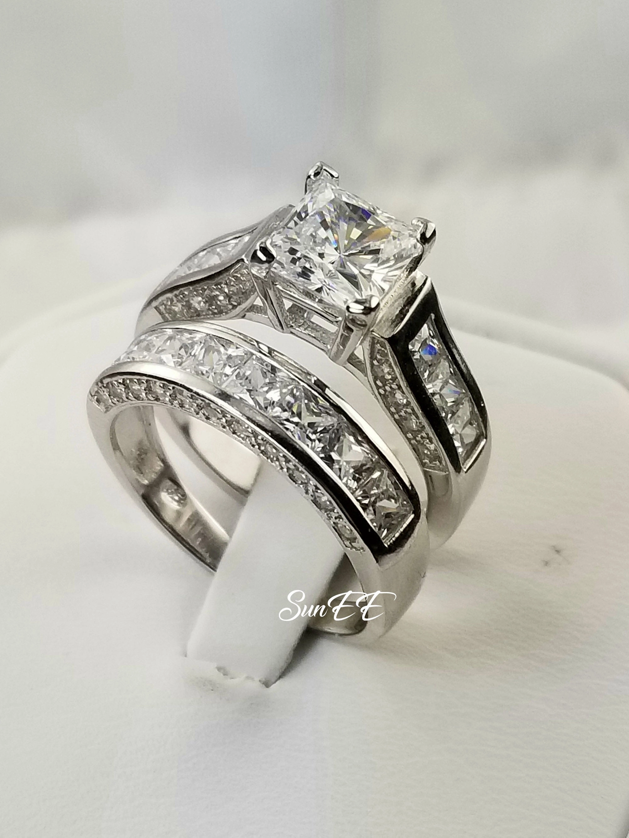 Fantastic Art Luxury Statement 4.35ct Princess Cut Bridal Wedding Engagement Ring Diamond Simulated 925 Sterling Silver Anniversary Ring SKU:00144