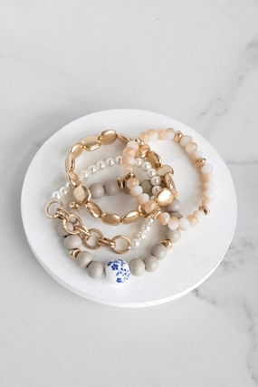 Perfectly Prepared 4 piece Blue Chinoiserie Wooden Glass Beads Bracelets Stack