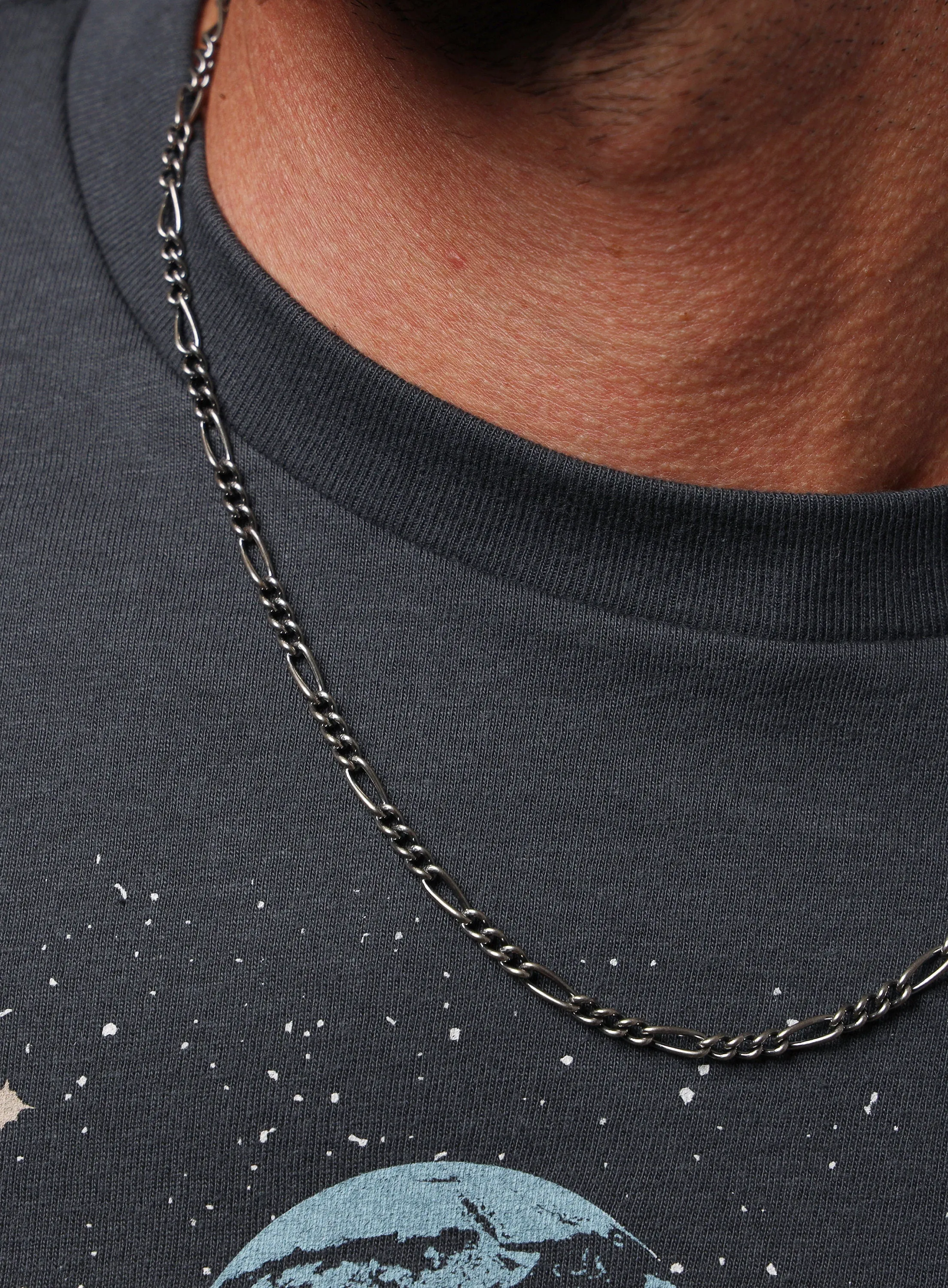 4mm Gunmetal Sterling Silver Figaro Style Chain Necklace