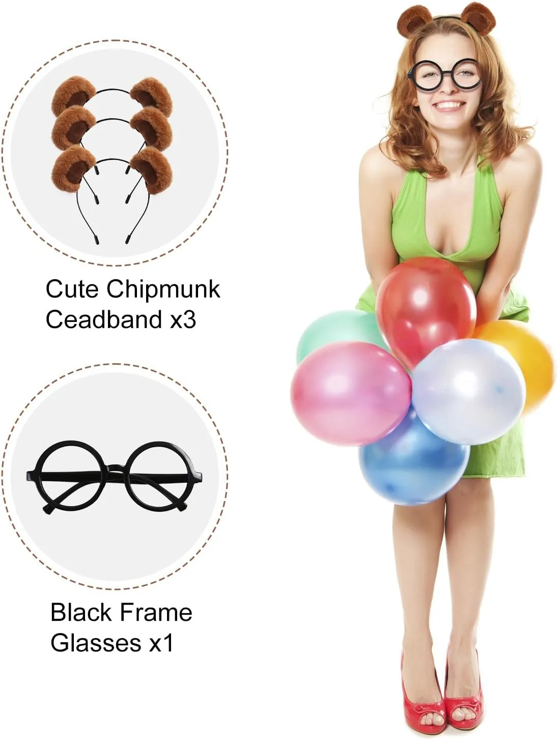 4Pack Chipmunk Ears Headband and Round Frame Glasses Set Halloween Costume Accessories Cosplay Party Supplies