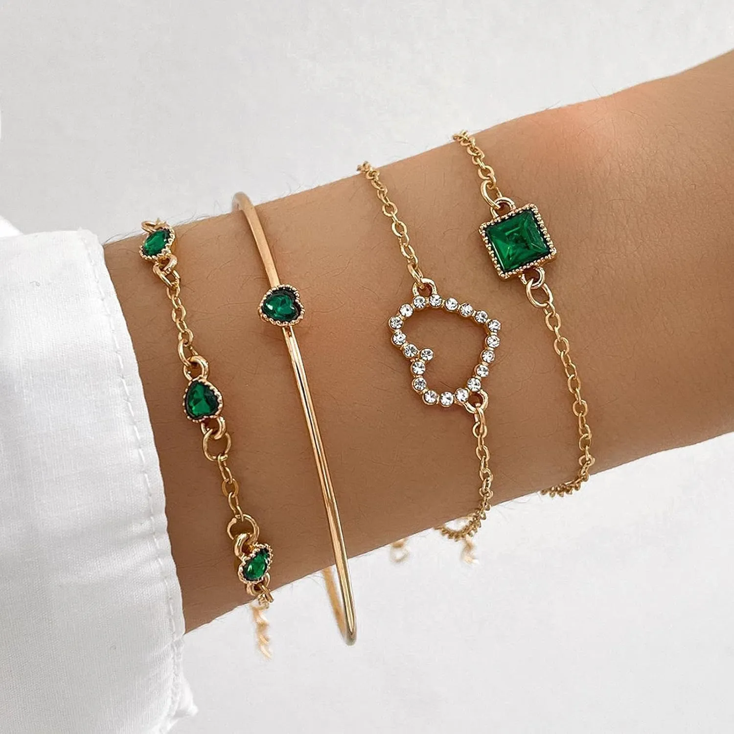 4Pcs Gold Bracelets Bangles Set for Women,Punk Layered Stackable Gold Bracelets Open Cuff Wrap Bangle Chain Anklets Trendy Jewelry