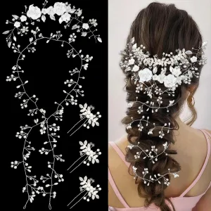 5 Pcs Bridal Hair Accessories Extra Long Silver Crystal Pearl Hair Rattan Ceramic Flower Headband Pearl Crystal Hairpin Women Girls