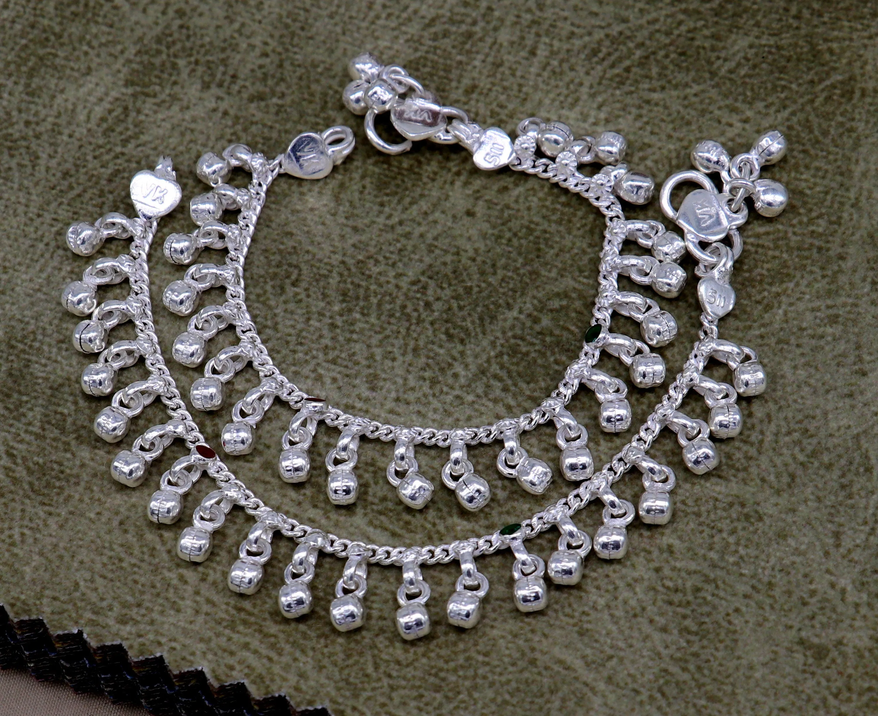 5.5" Handmade sterling silver new born baby anklets, excellent waved charming noisy bells baby anklet bracelet, payal kids jewelry ank280