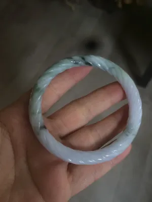 58.3mm Certified 100% Natural type A light green/white/purple with green floating flowers vintage twist style Jadeite Jade bangle K125-7986
