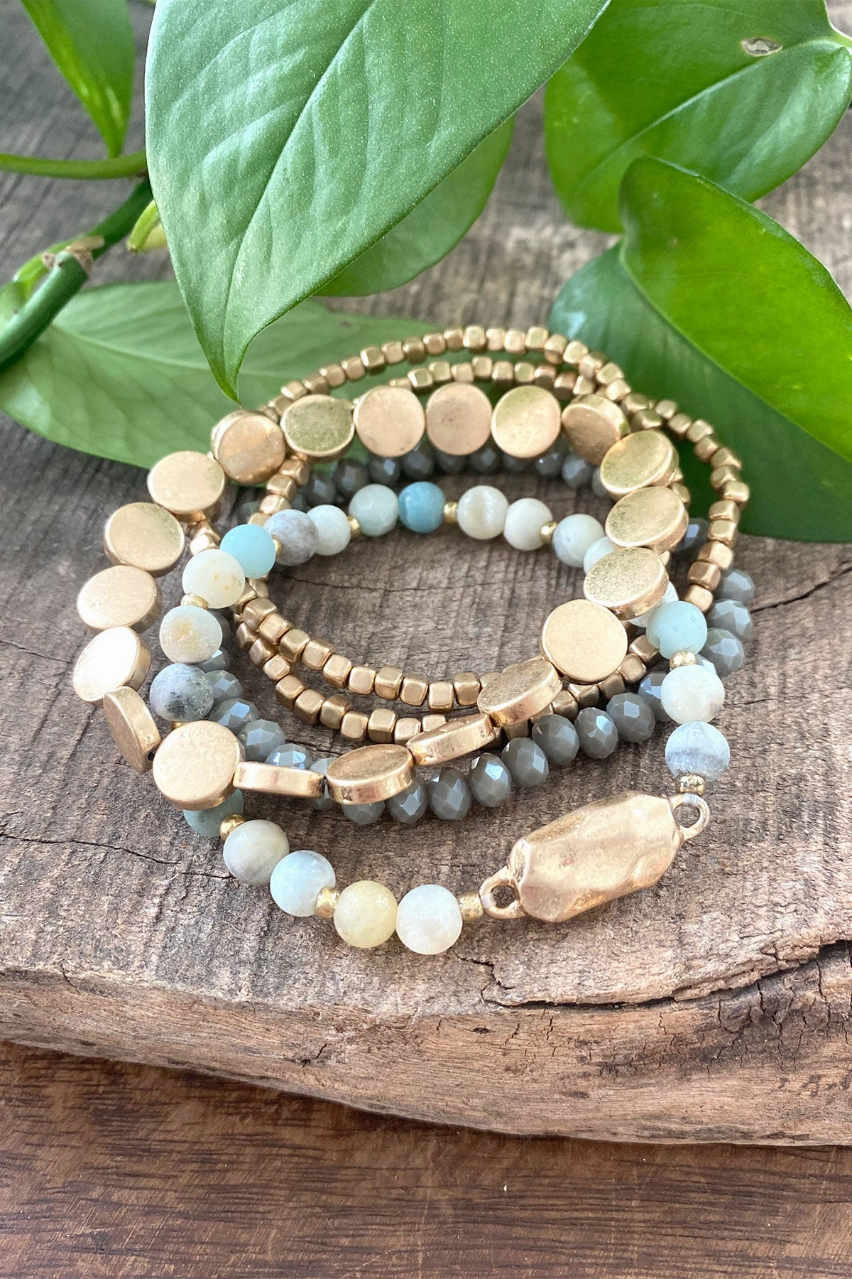 5 piece Boho Beaded Bracelets Stack Semi Precious Metal Glass Beads Golden nugget flat beads Carefree Vibe Rightfully Priced