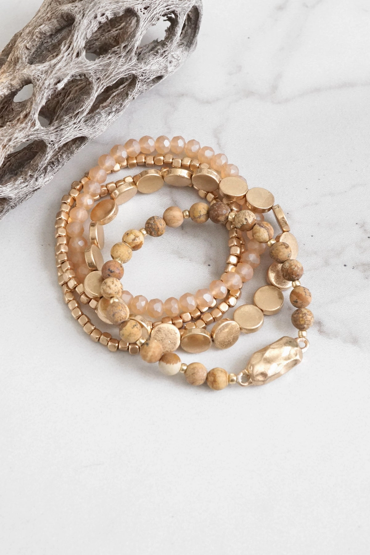 Red Carpet Glam Tradition Honored 5 piece Boho Beaded Bracelets Stack Semi Precious Metal Glass Beads Golden nugget flat beads