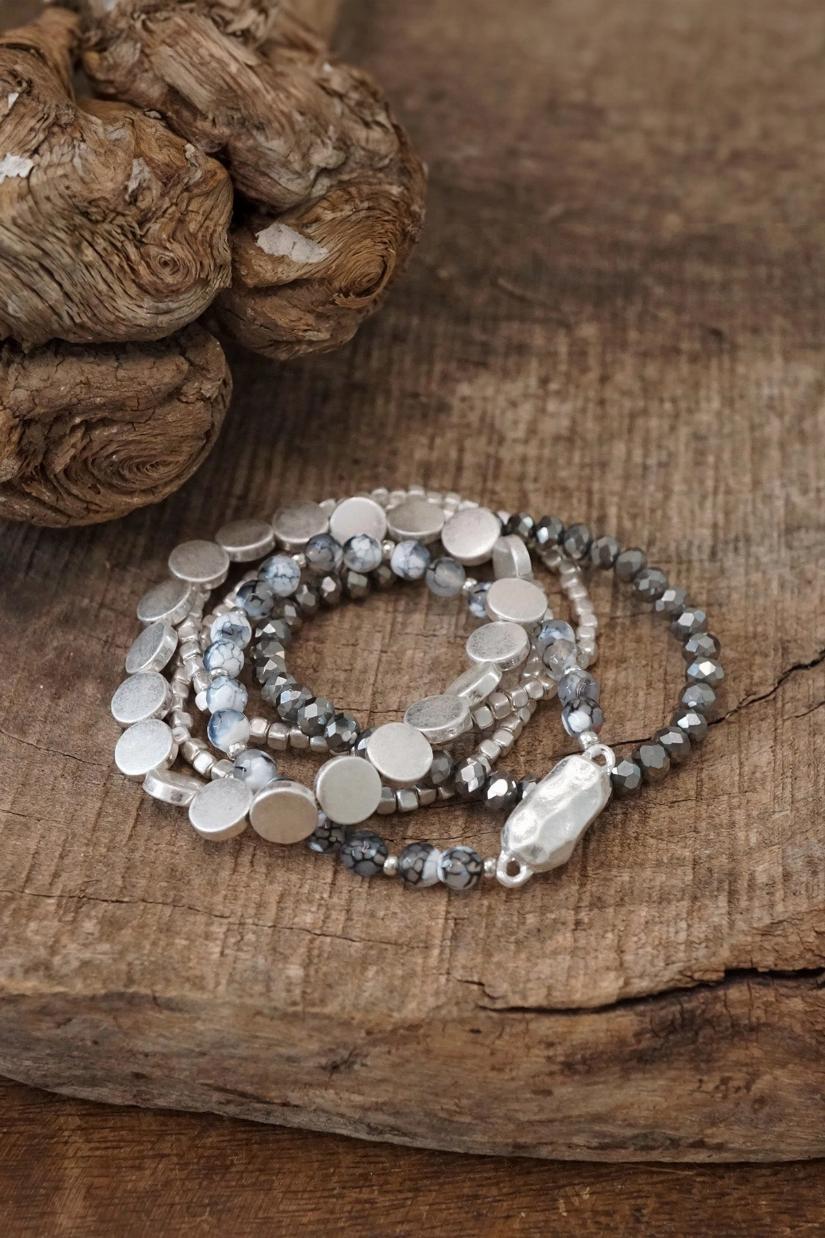 5 piece Boho Beaded Bracelets Stack Semi Precious Metal Glass Beads Silver tone nugget flat beads Ageless Appeal