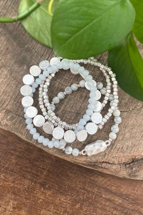 one of a kind in demand 5 piece Boho Beaded Bracelets Stack Semi Precious Metal Glass Beads Silver tone nugget flat beads